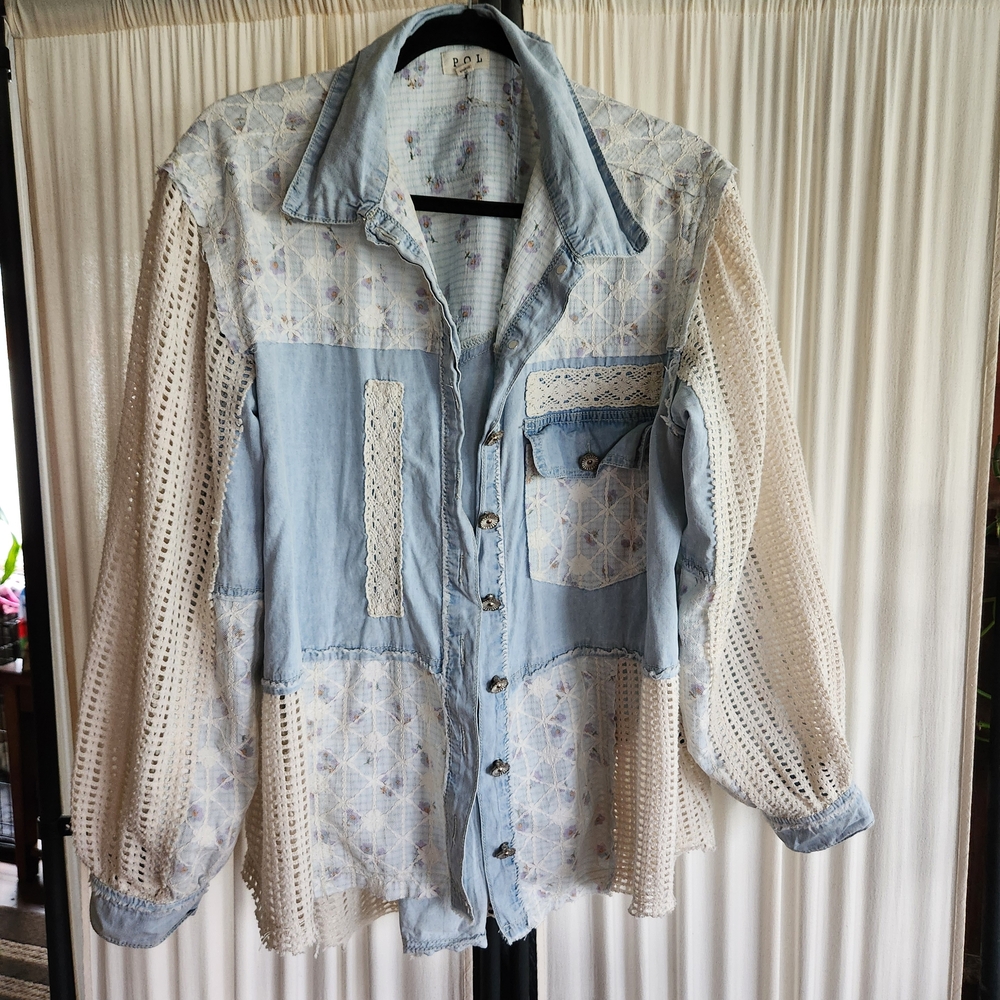 Floral Lace Western Oversized Shacket - Denim & Cream